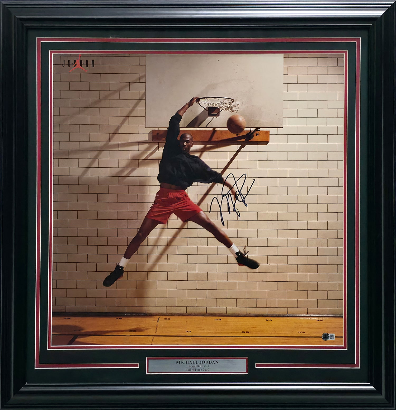 Michael Jordan Autographed Framed Nike Air Dunking 24x24 Poster Photo Chicago Bulls Beckett BAS #AE16681