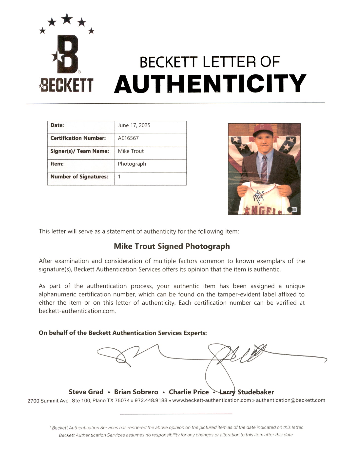 Mike Trout Autographed Framed 8x10 Photo California Angels Beckett BAS #AE16567