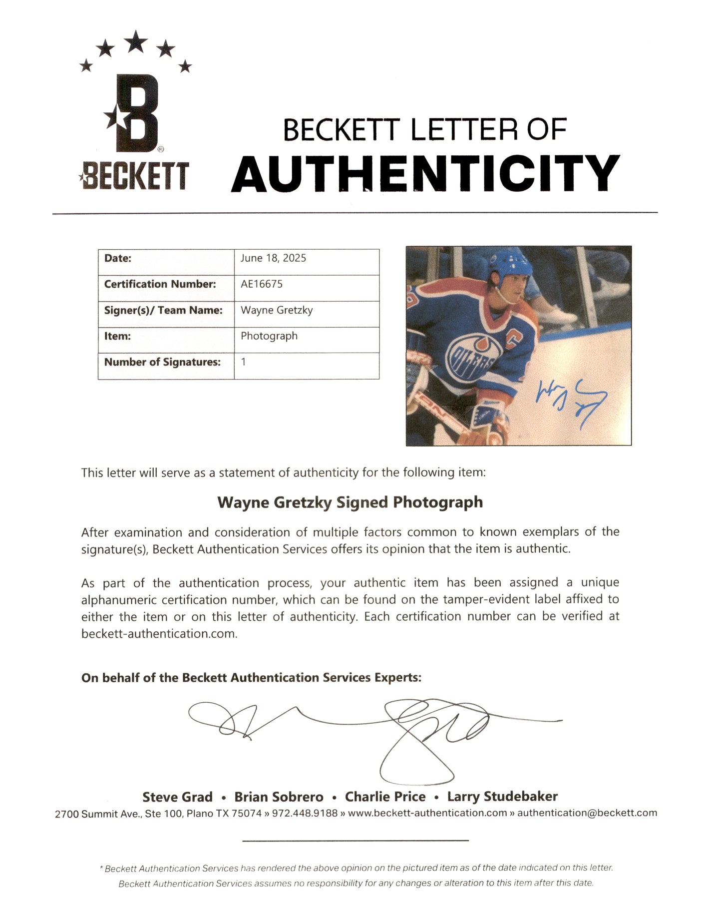 Wayne Gretzky Autographed Framed 16x20 Photo Edmonton Oilers Beckett BAS #AE16675