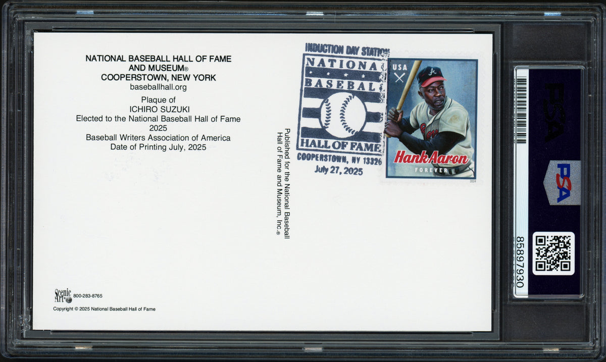 Ichiro Suzuki Autographed Hall of Fame Plaque Postcard Seattle Mariners Hank Arron Stamp PSA/DNA Stock #267885