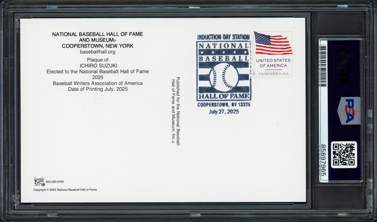 Ichiro Suzuki Autographed Hall of Fame Plaque Postcard Seattle Mariners USA Flag Stamp PSA/DNA Stock #267886