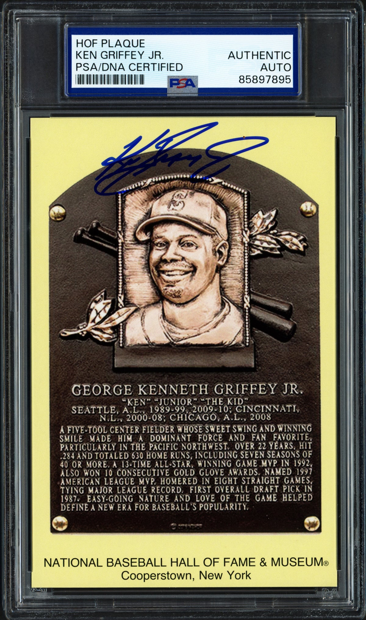 Ken Griffey Jr. Autographed Hall of Fame HOF Plaque Postcard Seattle Mariners PSA/DNA #85897895