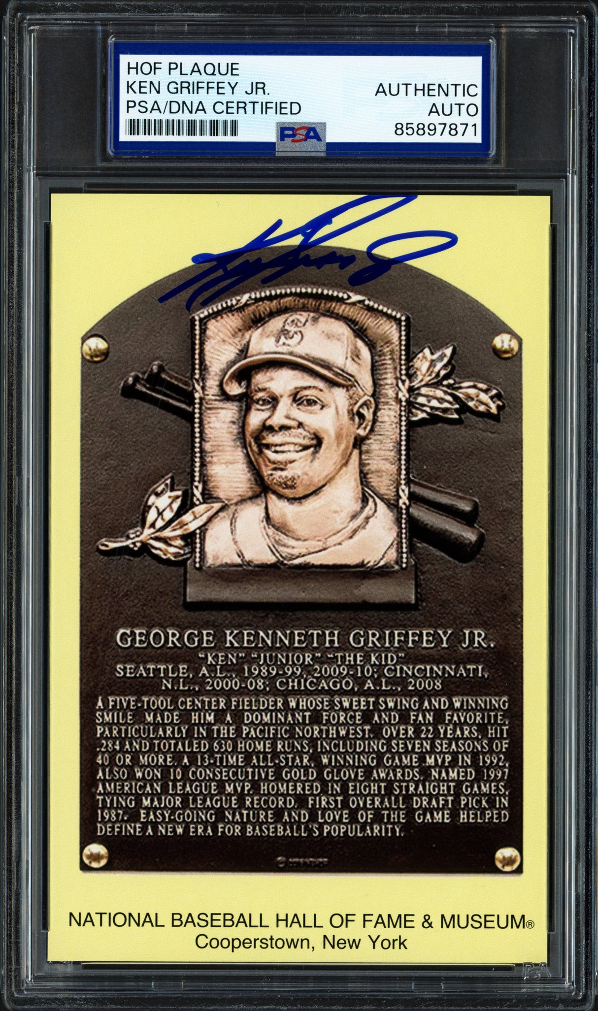 Ken Griffey Jr. Autographed Hall of Fame HOF Plaque Postcard Seattle Mariners PSA/DNA #85897871
