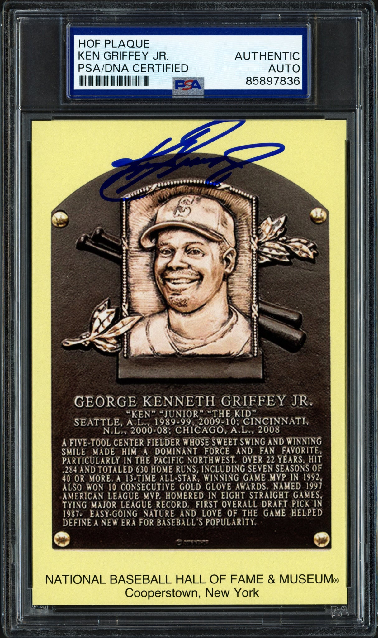 Ken Griffey Jr. Autographed Hall of Fame HOF Plaque Postcard Seattle Mariners PSA/DNA #85897836