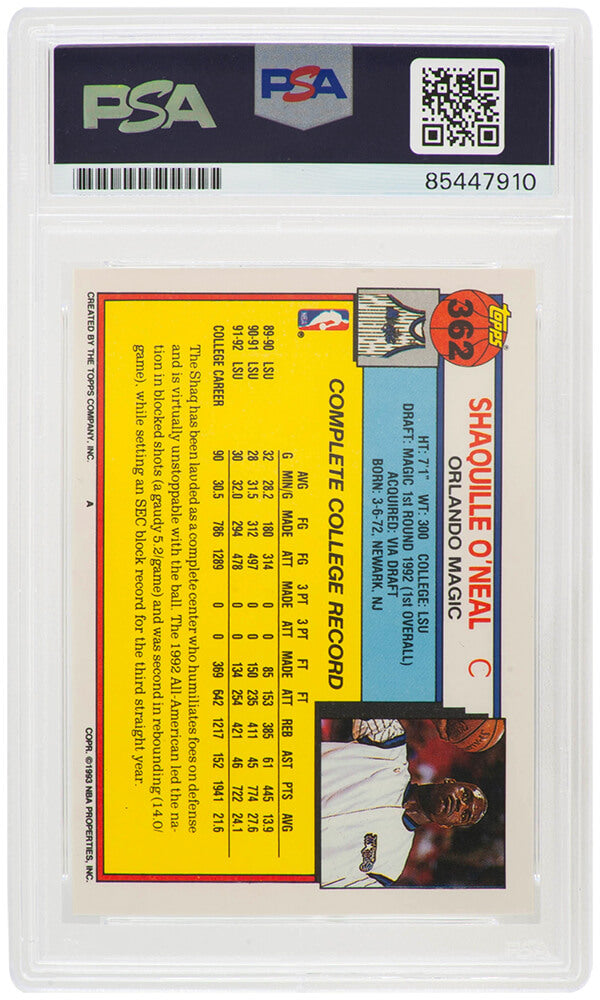 Shaquille O'Neal Signed Magic 1992-93 Topps Basketball Rookie Card #362 - (PSA/DNA / Auto Grade 10)