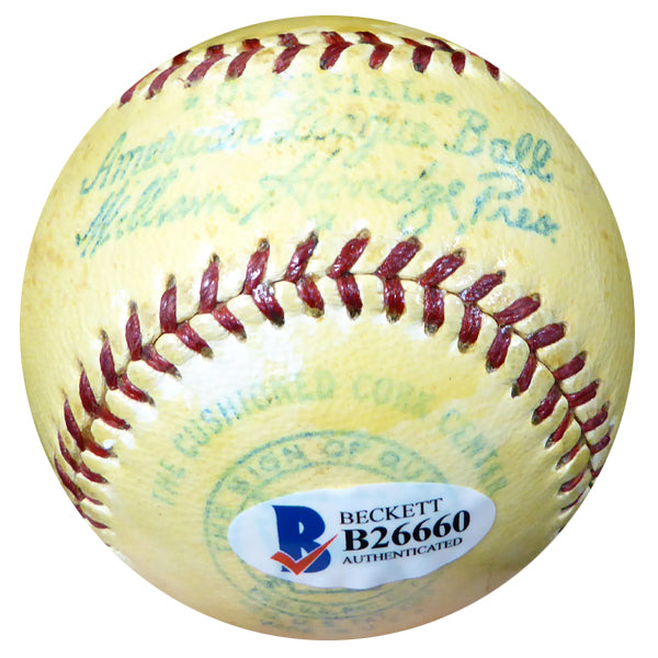 Amos Strunk Autographed Official AL Harridge Baseball Philadelphia Oakland A's "Athletics 1910-1917" Vintage Beckett BAS #B26660