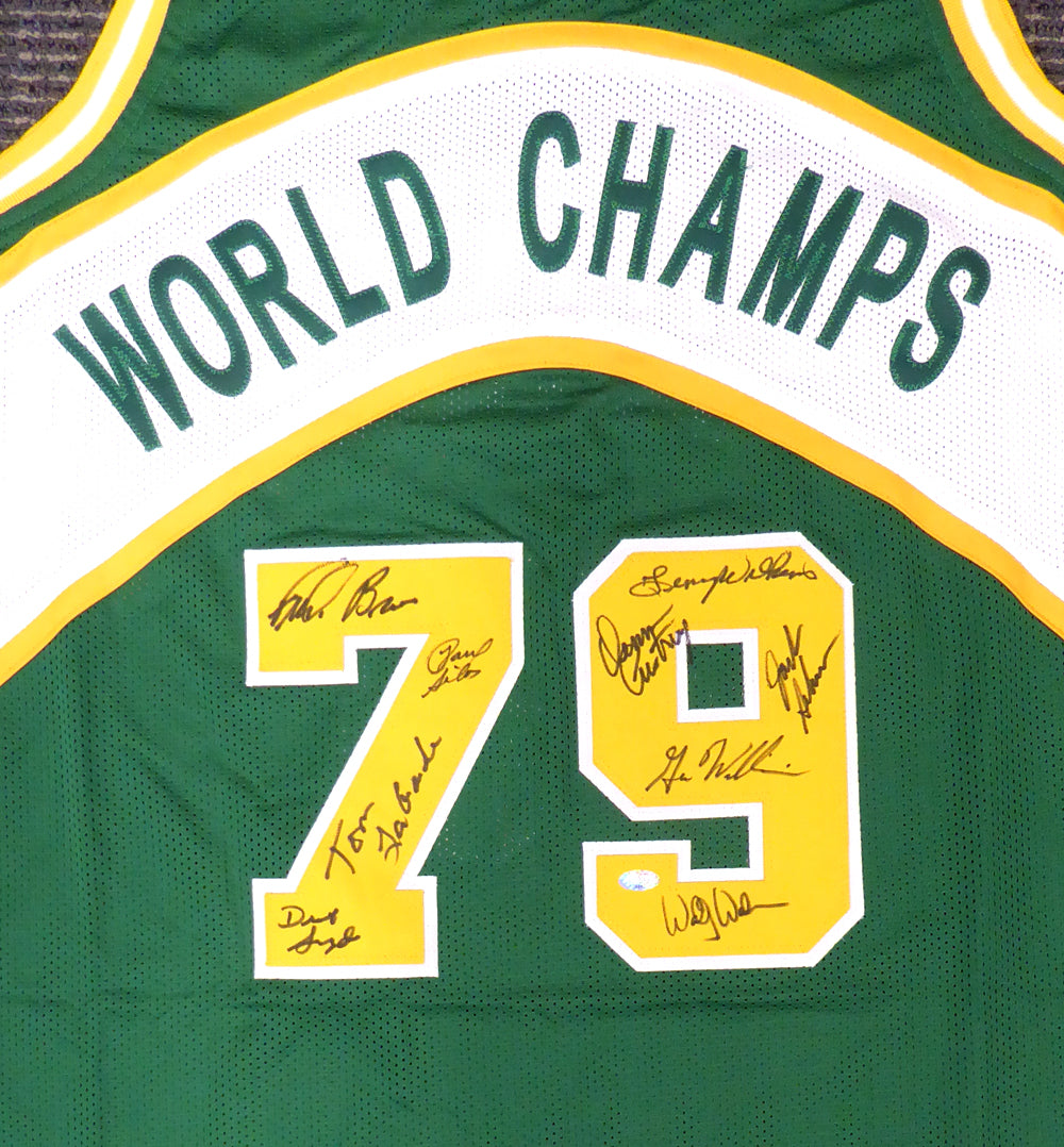 1978-79 NBA Champions Seattle Supersonics Multi Signed Autographed Green Jersey With 9 Signatures Including Fred Brown & Lenny Wilkens MCS Holo Stock #145849