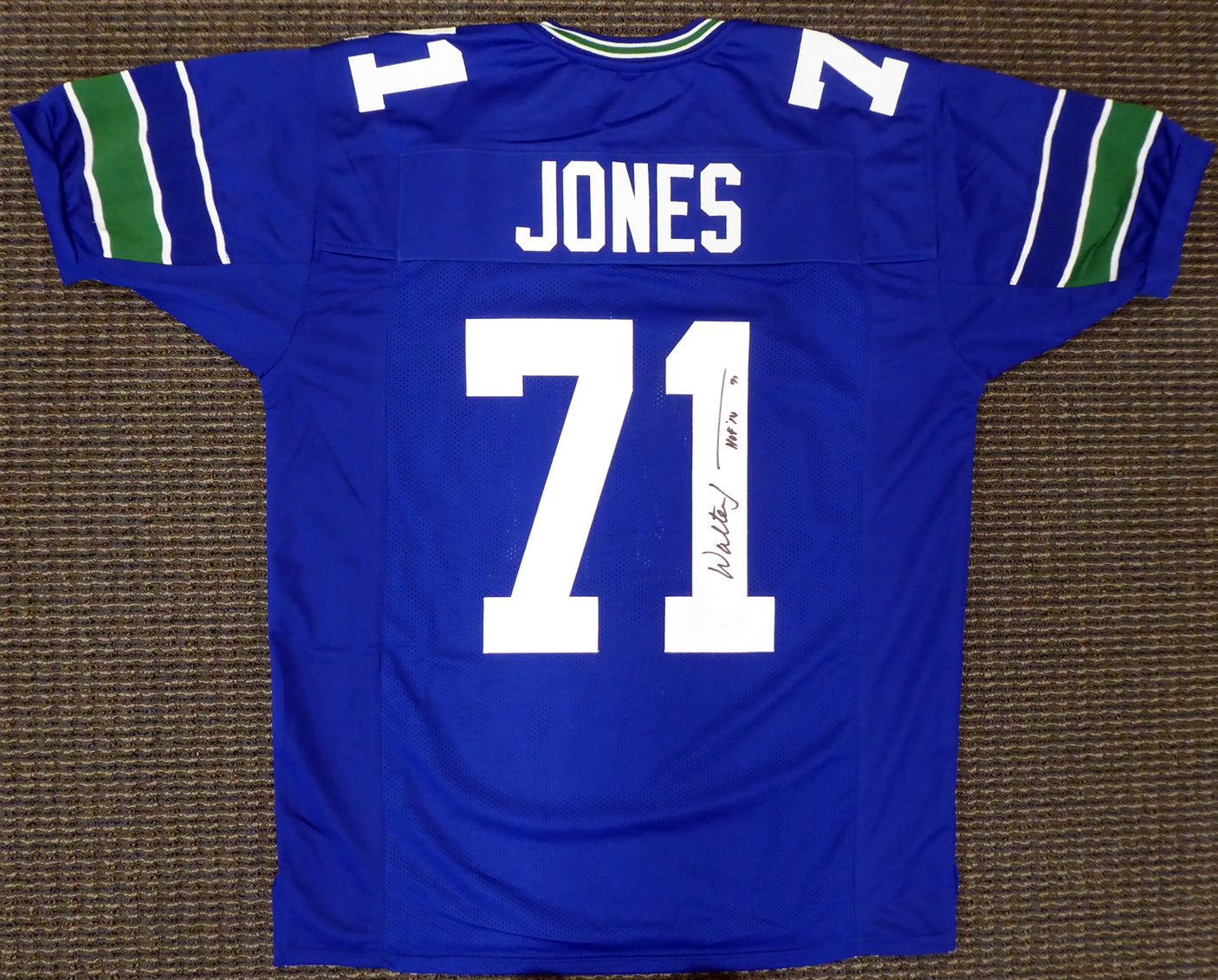 Seattle Seahawks Walter Jones Autographed Blue Jersey "HOF '14" MCS Holo Stock #165118