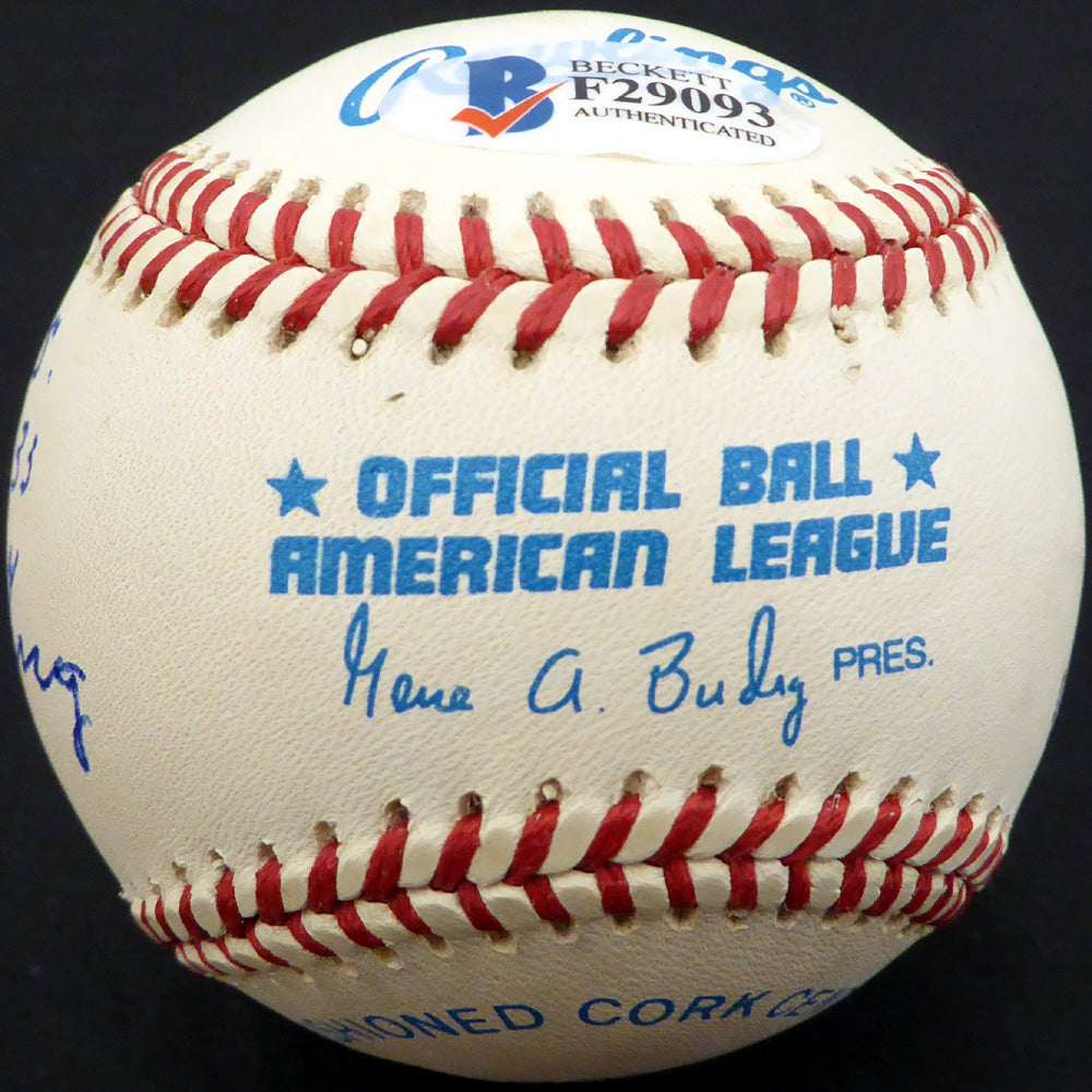 Joe Hauser Autographed Official AL Baseball Baltimore Orioles, Oakland A's "HR, RBI & Batting AVG" Beckett BAS #F29093