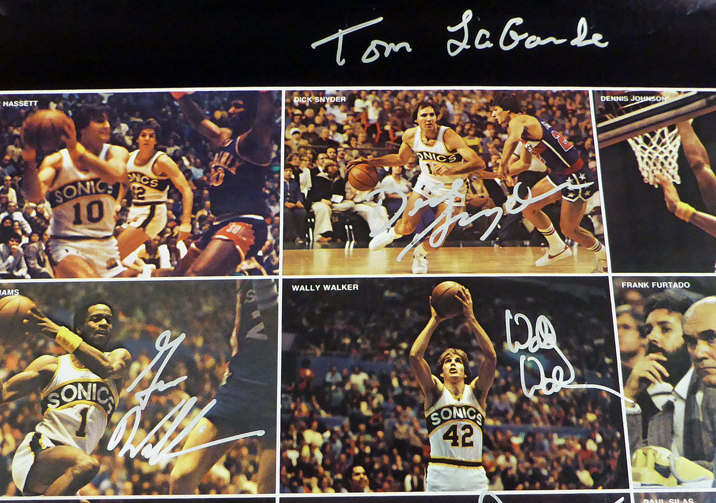 1978-79 NBA Champions Seattle Supersonics Autographed 17x22 Poster Photo With 9 Total Signatures Including Fred Brown & Lenny Wilkens MCS Holo #51050