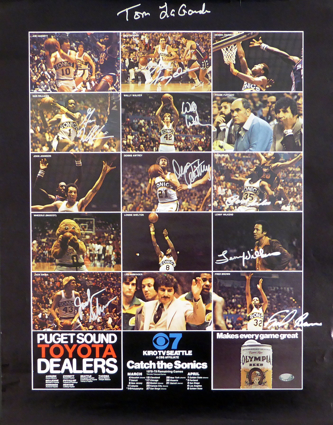 1978-79 NBA Champions Seattle Supersonics Autographed 17x22 Poster Photo With 9 Total Signatures Including Fred Brown & Lenny Wilkens MCS Holo #51049
