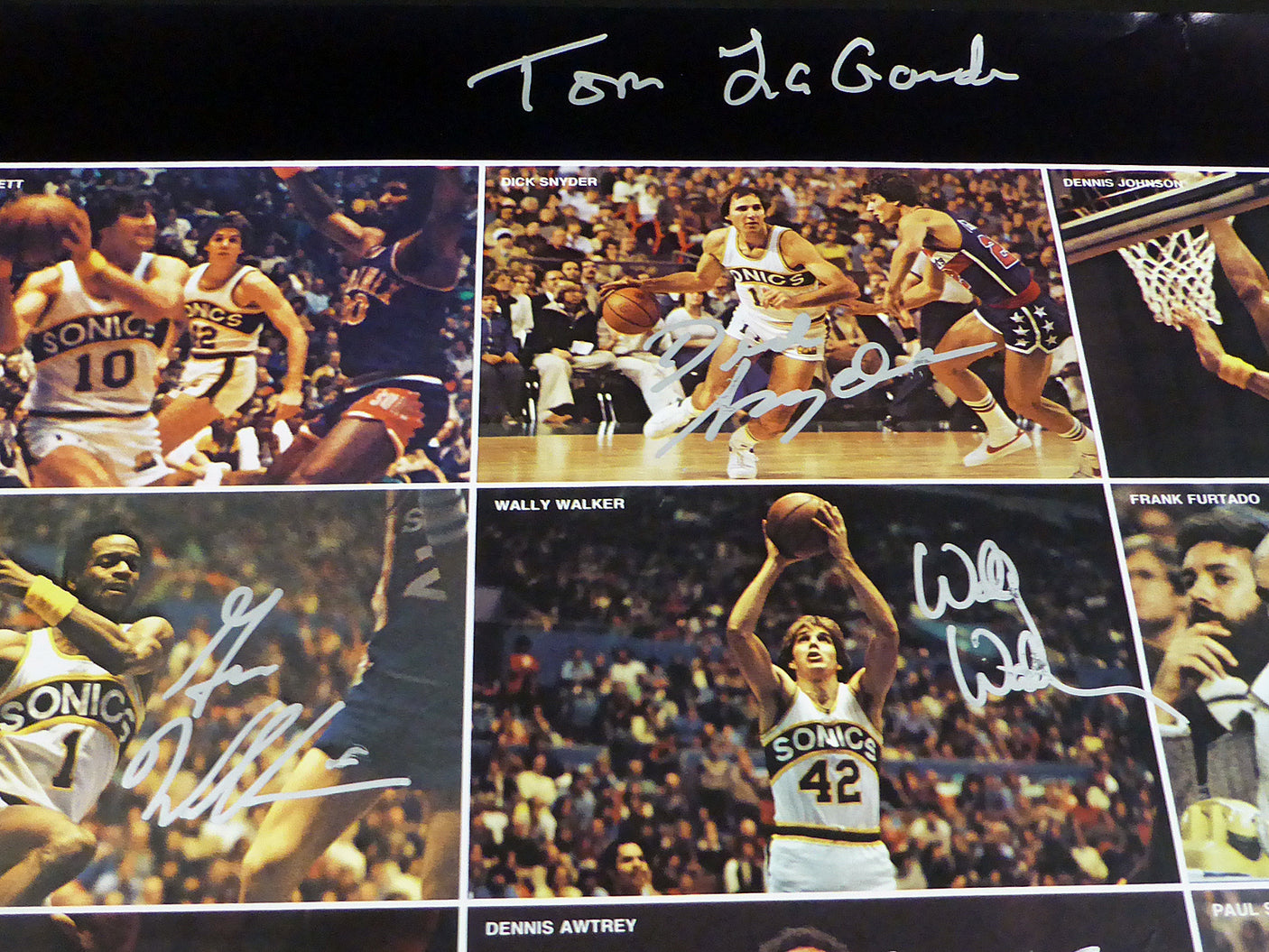 1978-79 NBA Champions Seattle Supersonics Autographed 17x22 Poster Photo With 9 Total Signatures Including Fred Brown & Lenny Wilkens MCS Holo #51049