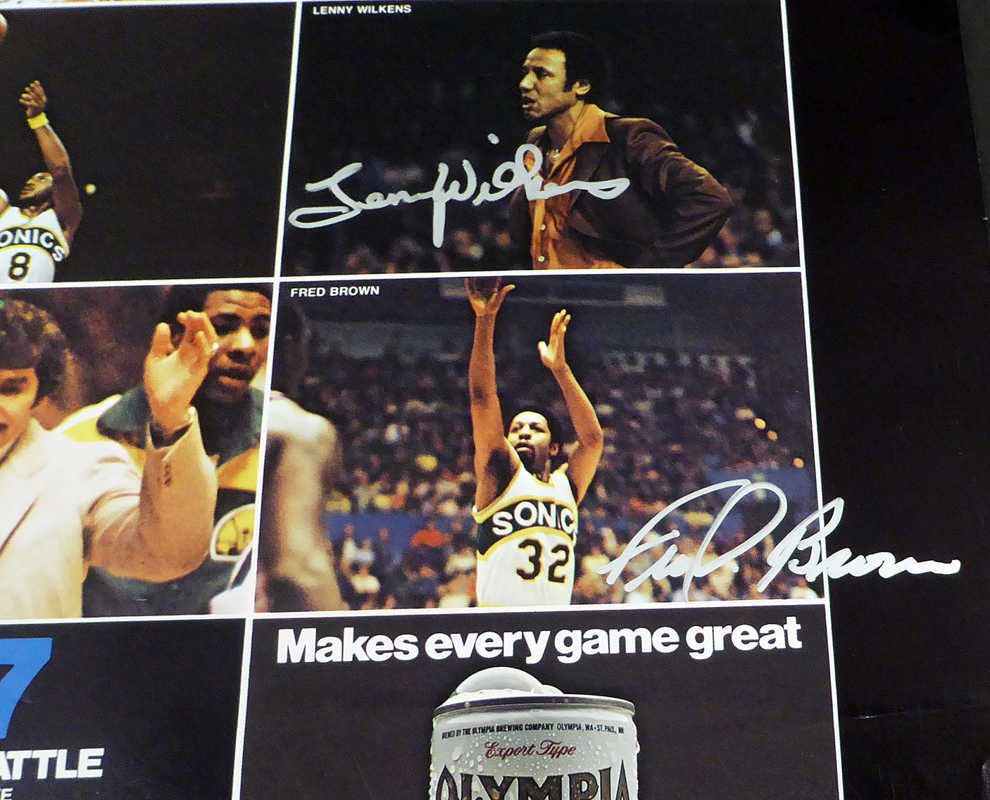 1978-79 NBA Champions Seattle Supersonics Autographed 17x22 Poster Photo With 9 Total Signatures Including Fred Brown & Lenny Wilkens MCS Holo #51048