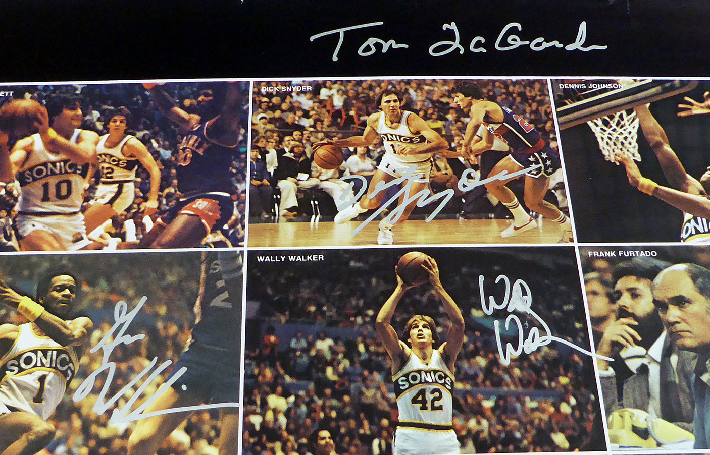 1978-79 NBA Champions Seattle Supersonics Autographed 17x22 Poster Photo With 9 Total Signatures Including Fred Brown & Lenny Wilkens MCS Holo #51047