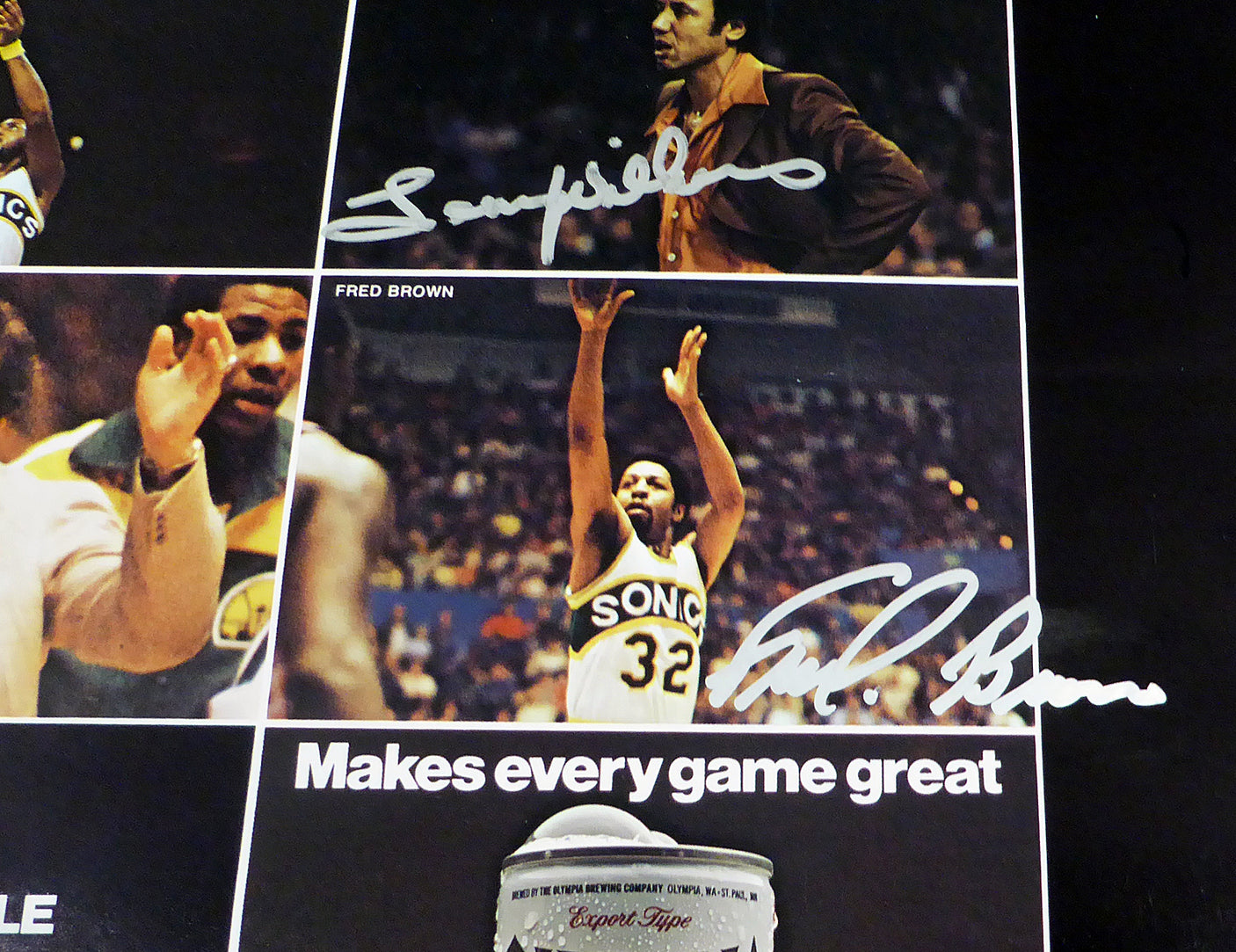 1978-79 NBA Champions Seattle Supersonics Autographed 17x22 Poster Photo With 9 Total Signatures Including Fred Brown & Lenny Wilkens MCS Holo #51046