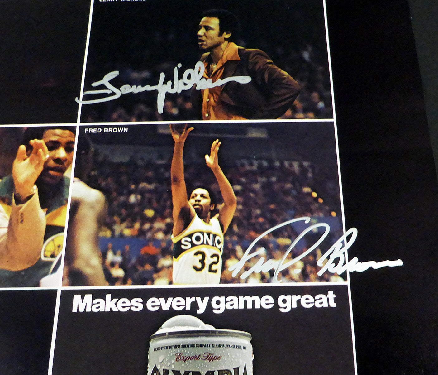 1978-79 NBA Champions Seattle Supersonics Autographed 17x22 Poster Photo With 9 Total Signatures Including Fred Brown & Lenny Wilkens MCS Holo #51045