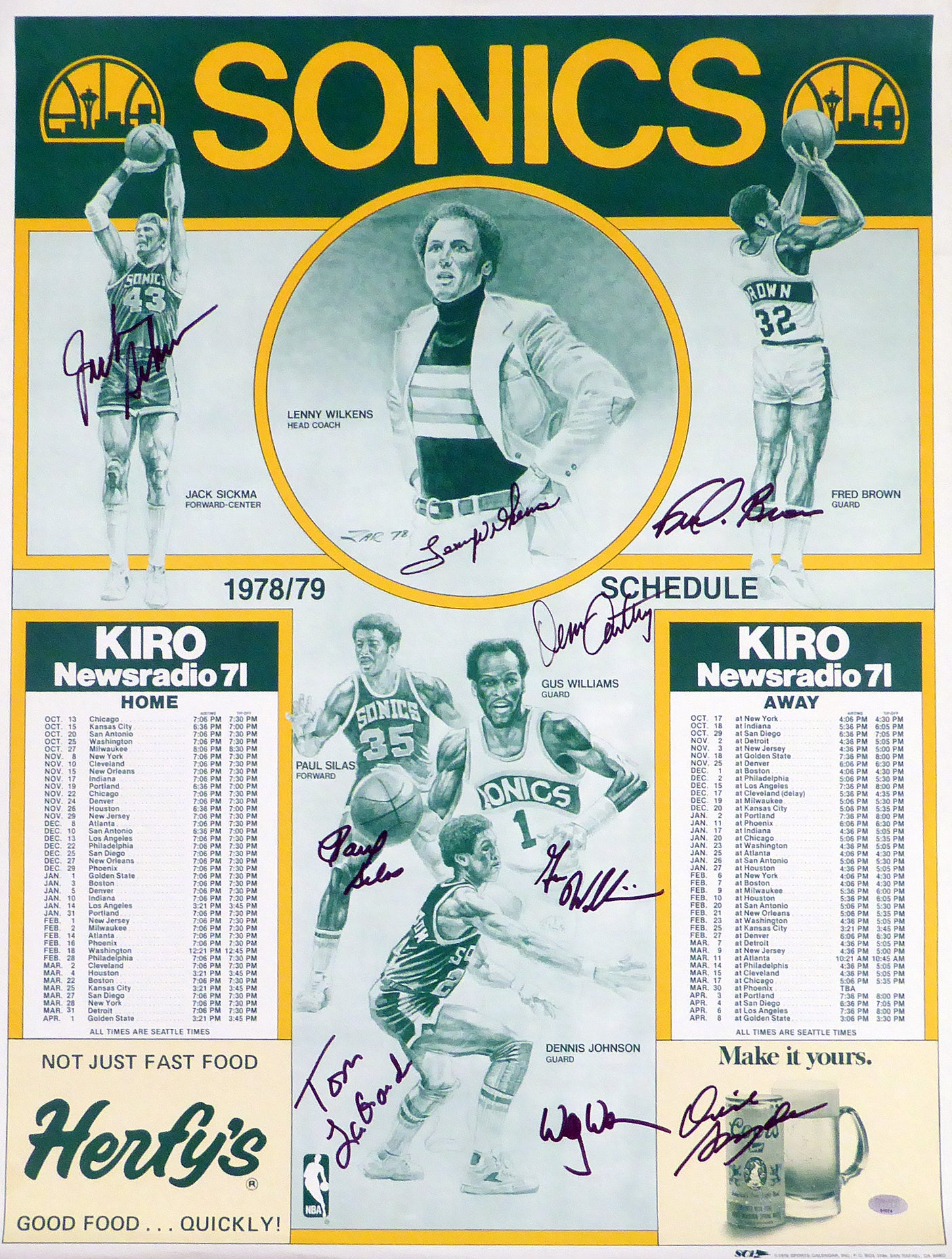 1978-79 NBA Champions Seattle Supersonics Autographed 19x25 Poster Photo With 9 Total Signatures Including Fred Brown & Lenny Wilkens MCS Holo #51074