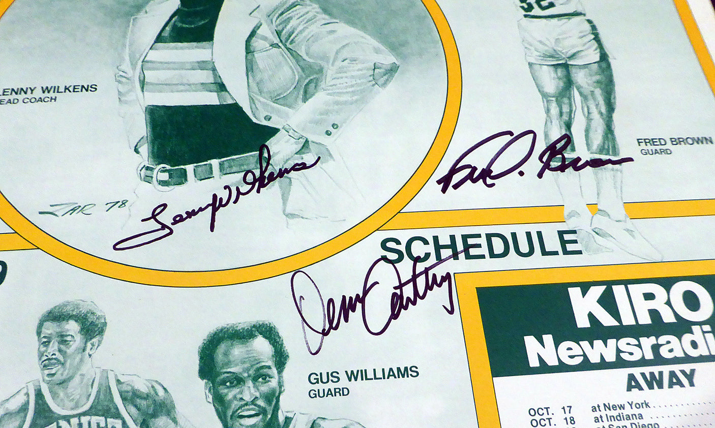 1978-79 NBA Champions Seattle Supersonics Autographed 19x25 Poster Photo With 9 Total Signatures Including Fred Brown & Lenny Wilkens MCS Holo #51074