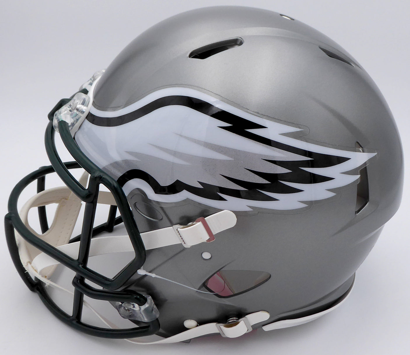 DeVonta Smith Autographed Philadelphia Eagles Flash Silver Full Size Authentic Speed Helmet "Fly, Eagles, Fly" (Smudged) Beckett BAS QR #WN30088