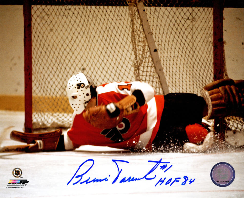Bernie Parent Signed Philadelphia Flyers Goalie Diving Save Action 8x10 Photo w/HOF'84