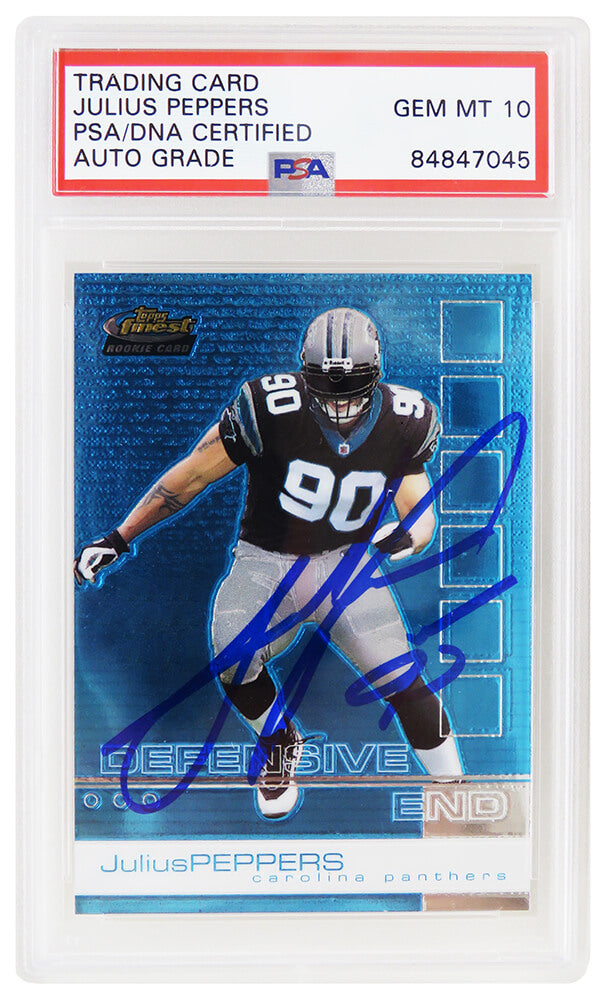 Julius Peppers Signed Carolina Panthers 2002 Topps Finest Football Rookie Card #77 (PSA Encapsulated - Auto Grade 10)