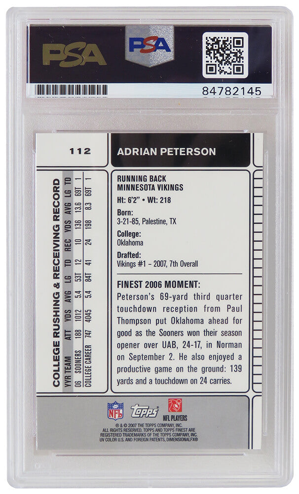 Adrian Peterson Signed Minnesota Vikings 2007 Topps Finest Football Rookie Trading Card #112 (PSA Encapsulated)