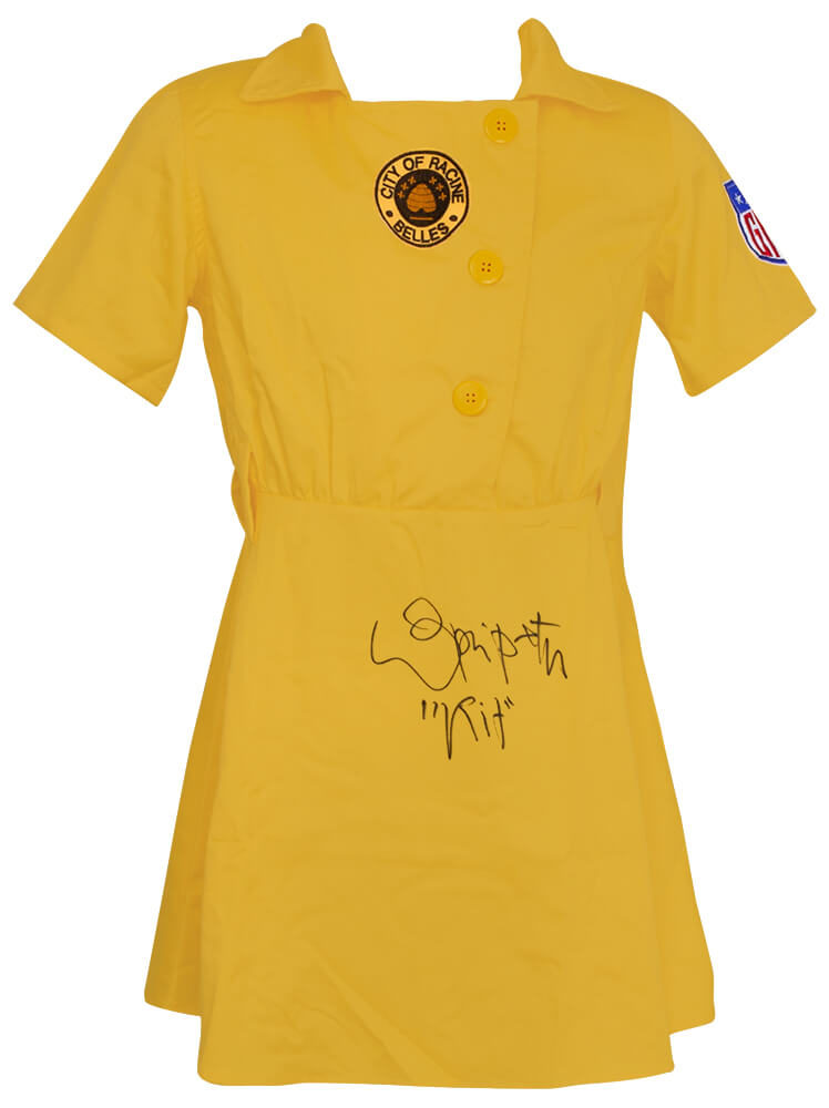 Lori Petty Signed Racine Belles Yellow Costume Women's Baseball Jersey w/Kit