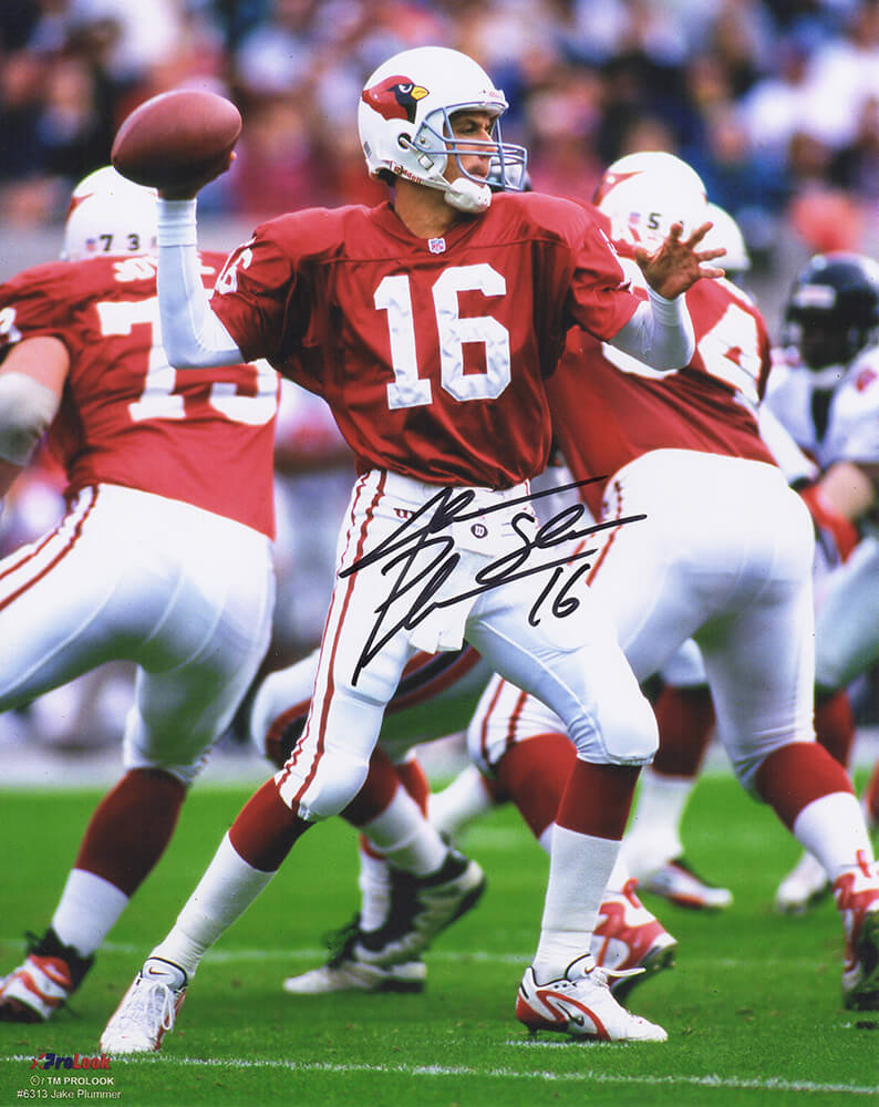 Jake Plummer Signed Arizona Cardinals Red Jersey Throwing Action 8x10 Photo w/Snake