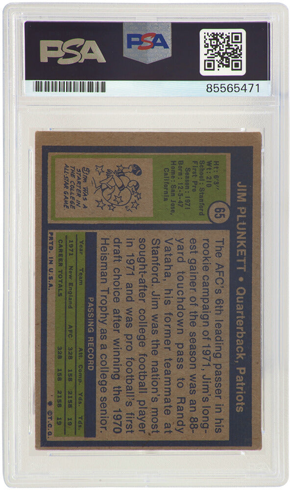 Jim Plunkett Signed Patriots 1972 Topps Rookie Football Card #65 - (PSA Encapsulated)