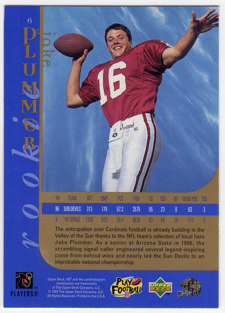 Jake Plummer Signed Arizona Cardinals 1997 Upper Deck Rookie Football Trading Card #6 w/Snake