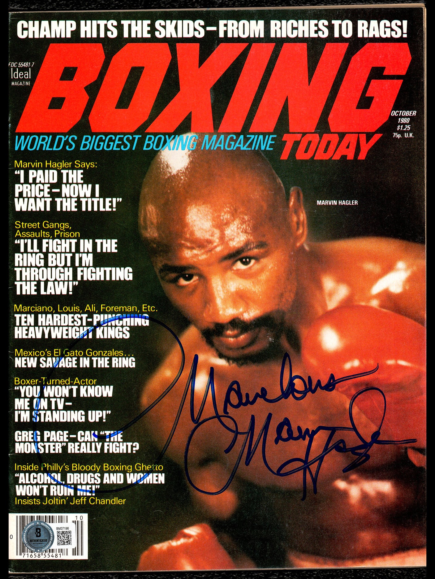Marvelous Marvin Hagler Autographed Magazine Beckett BAS QR #BM37196