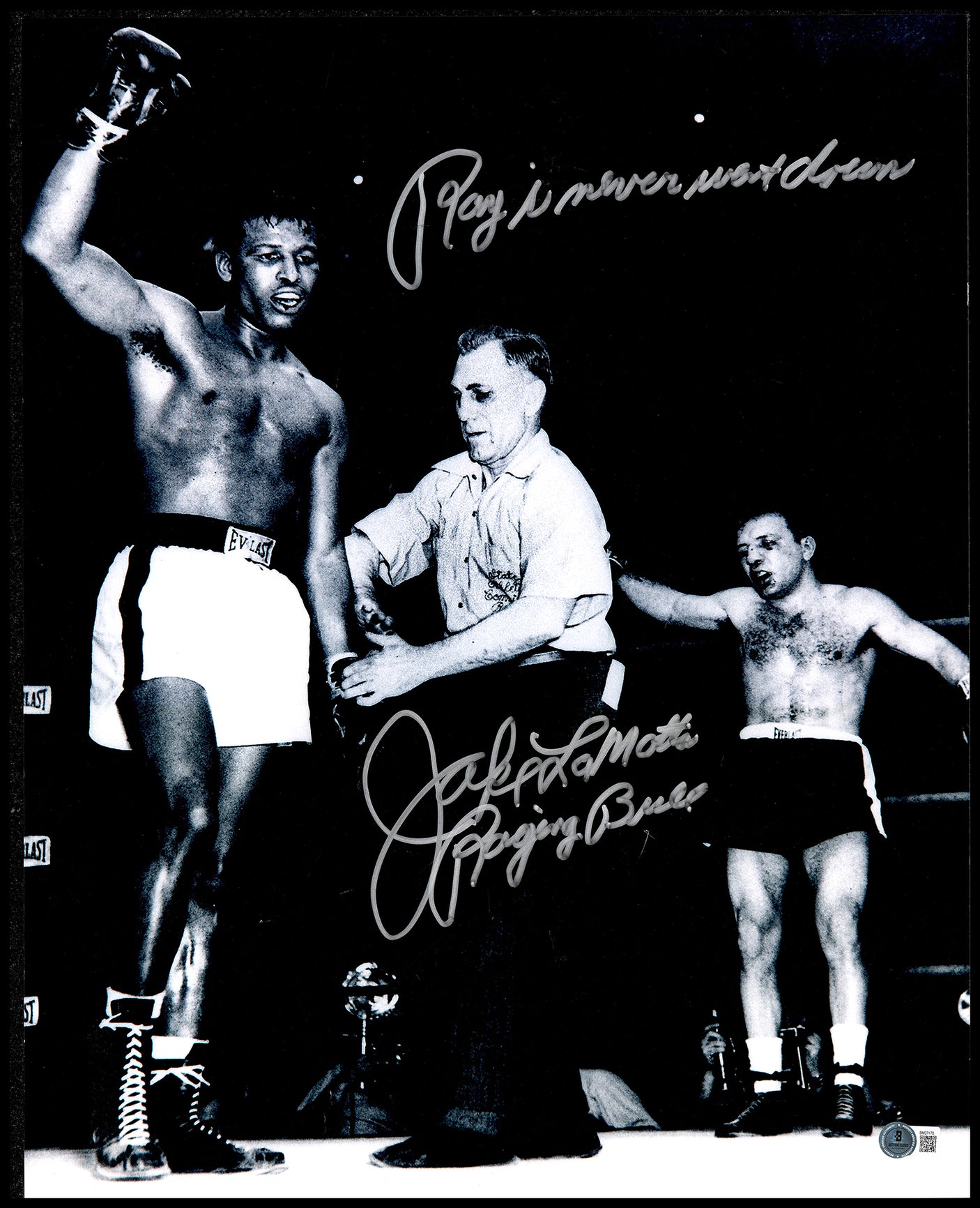 Jake LaMotta Autographed 16x20 Photo "Ray Never Went Down, Raging Bull" Beckett BAS QR #BM37170