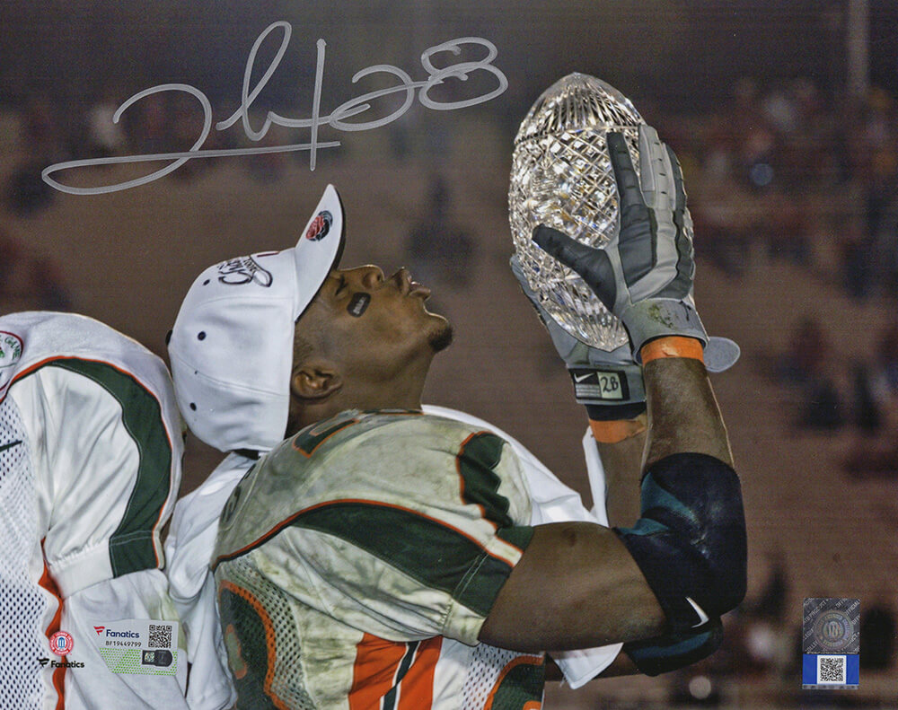 Clinton Portis Signed Miami Hurricanes Kissing Football 8x10 Photo - (Fanatics)