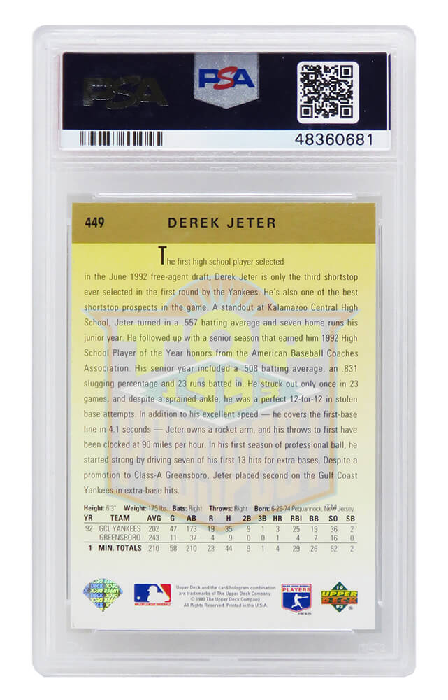 Derek Jeter (New York Yankees) 1993 Upper Deck Baseball RC Rookie Card #449 - PSA 10 GEM MINT