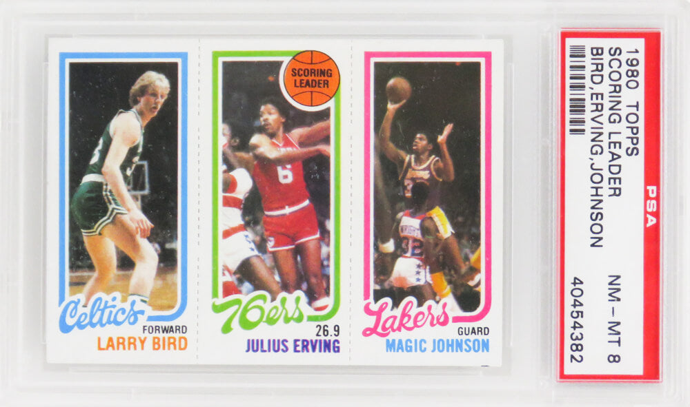 Larry Bird, Magic Johnson & Julius Erving 1980 Topps Scoring Leader RC Card (PSA 8 NM-MT)(E)
