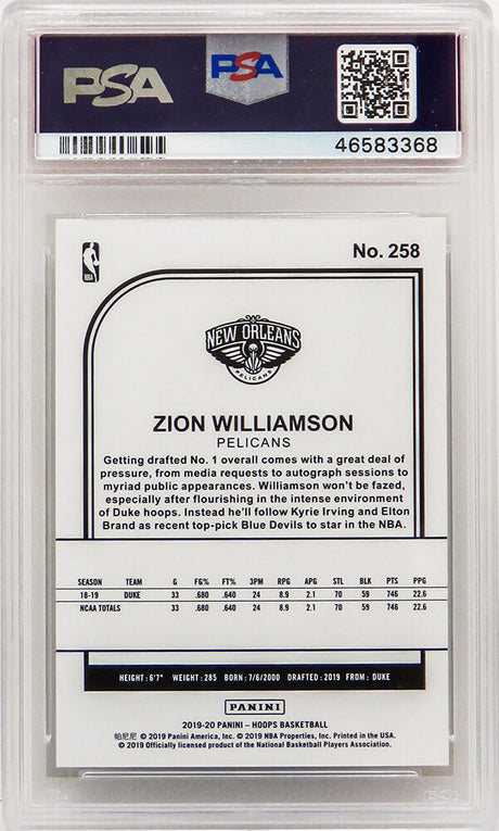 Zion Williamson (New Orleans Pelicans) 2019 Panini Hoops Basketball #258 RC Rookie Card - PSA 10 GEM MINT