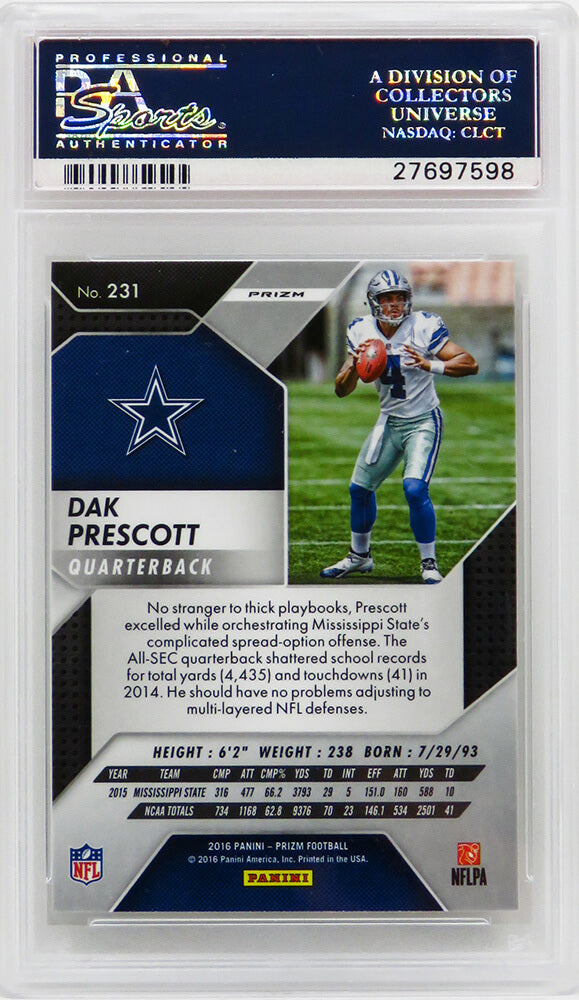 Dak Prescott (Dallas Cowboys) 2016 Panini Prizm Football #231 Prizm RC Rookie Card - PSA 10 GEM MINT