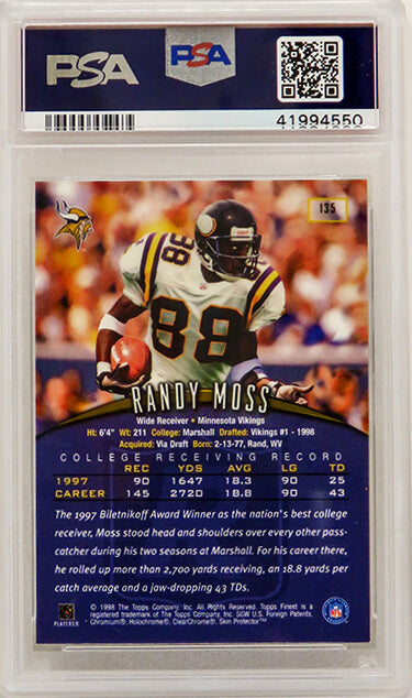 Randy Moss (Minnesota Vikings) 1998 Topps Finest Football #135 RC Rookie Card - PSA 10 GEM MINT (New Label)
