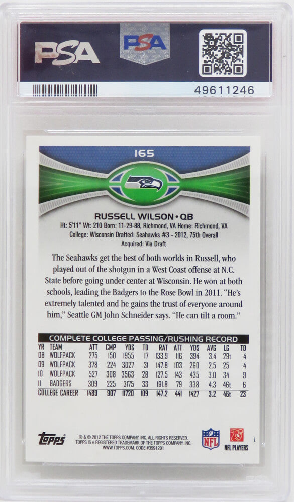 Russell Wilson (Seattle Seahawks) 2012 Topps Passing - Stands Visible RC Rookie Card #165 (PSA 10 - GM MT) (New Label)