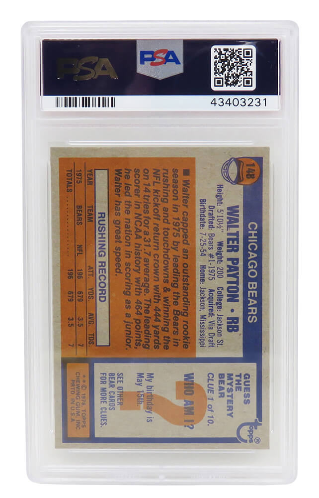 Walter Payton (Chicago Bears) 1976 Topps Football #148 RC Rookie Card - PSA 9 Mint (D)