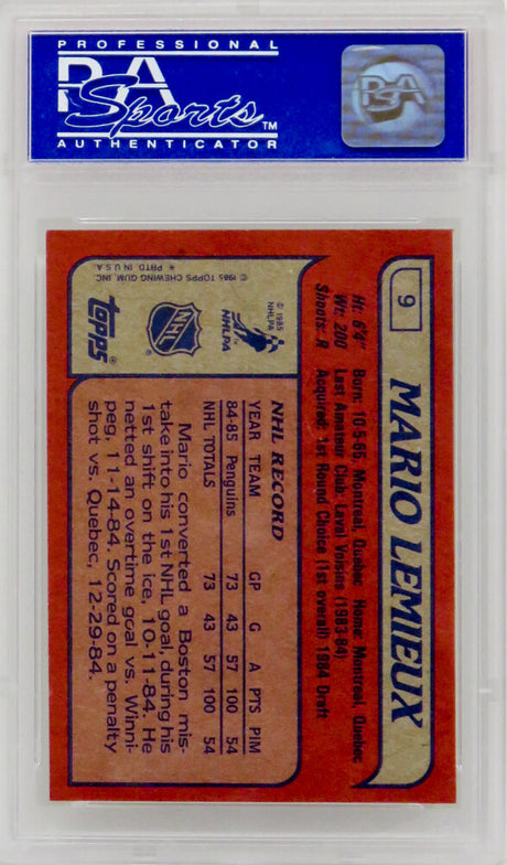 Mario Lemieux (Pittsburgh Penguins) 1985 Topps Hockey RC Rookie Card #9 - (PSA 8 NM-MT) (C.)