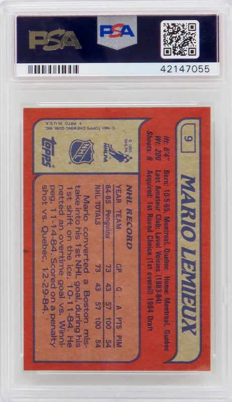 Mario Lemieux (Pittsburgh Penguins) 1985 Topps Hockey RC Rookie Card #9 - (PSA 8 NM-MT) (D)