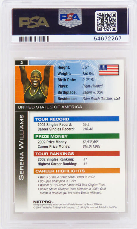 Serena Williams 2003 NetPro International Series Tennis RC Rookie Trading Card #2 - PSA 10 GEM MINT