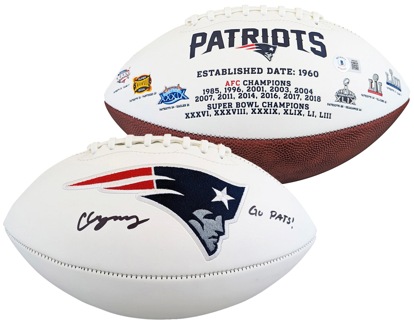 Patriots Christian Gonzalez Signed Rawlings White Panel Logo Football BAS Wit