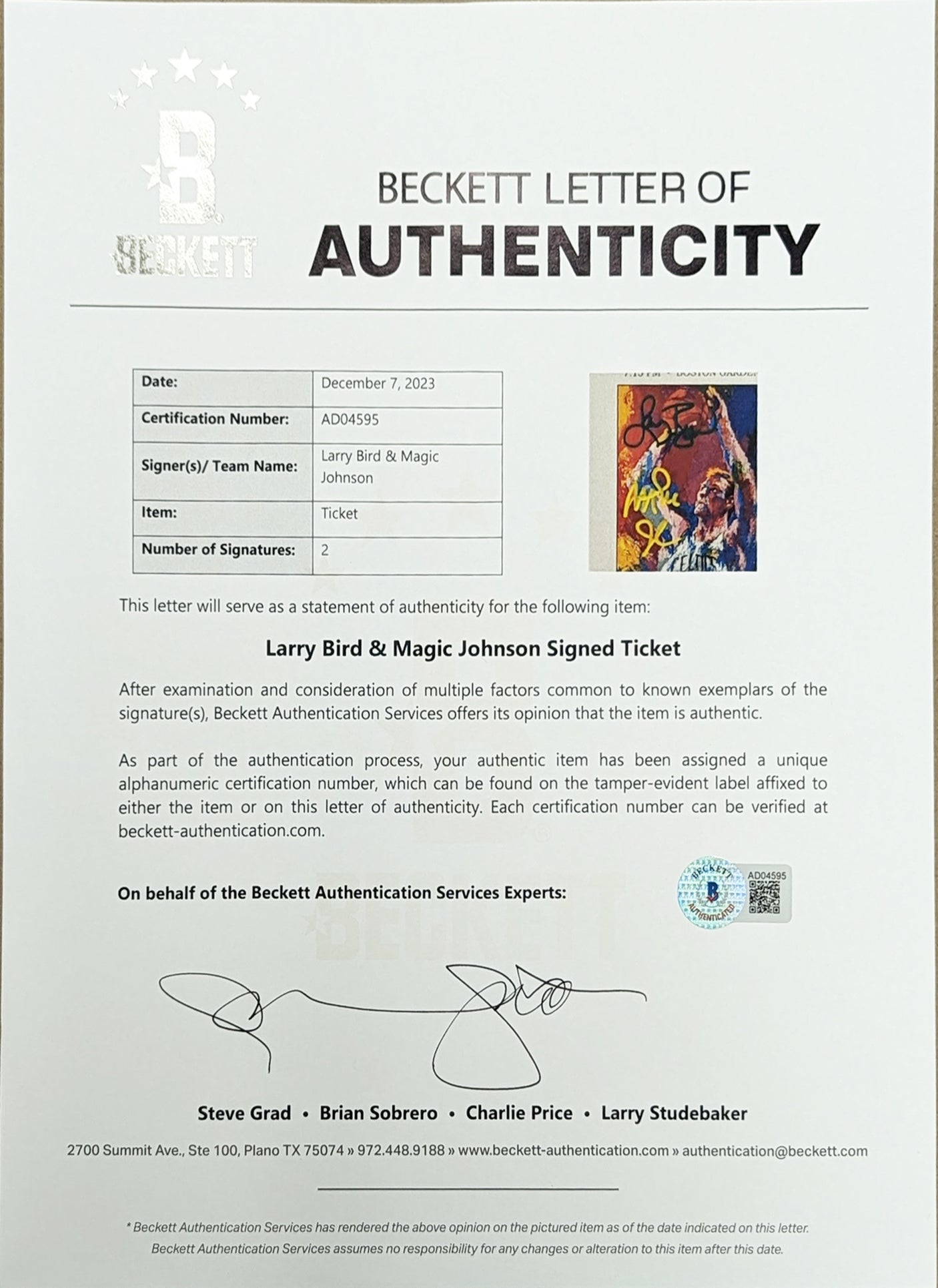 Larry Bird & Magic Johnson Signed Larry Bird Night Uncut Ticket BAS #AD04595