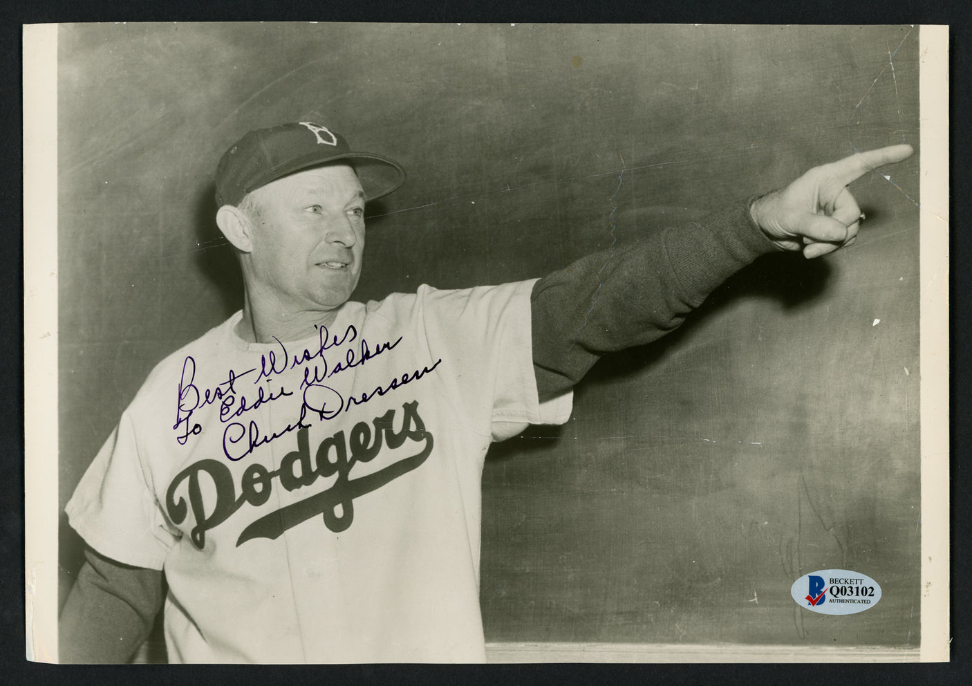 Chuck Dressen Autographed 7x10 Photo Brooklyn Dodgers "To Eddie Best Wishes" Beckett BAS #Q03102