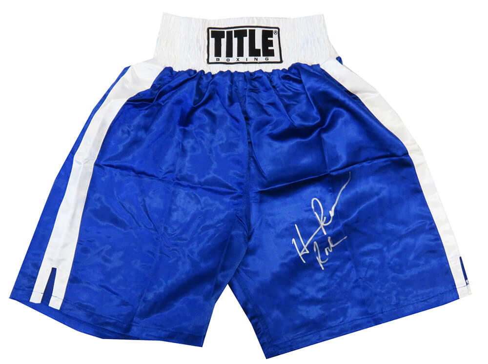Hasim Rahman Signed Title Blue With White Waist Boxing Trunks w/Rock