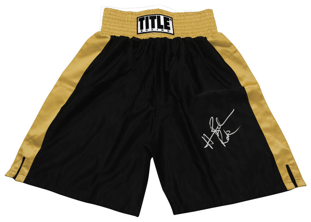 Hasim Rahman Signed Title Black & Gold Boxing Trunks w/Rock