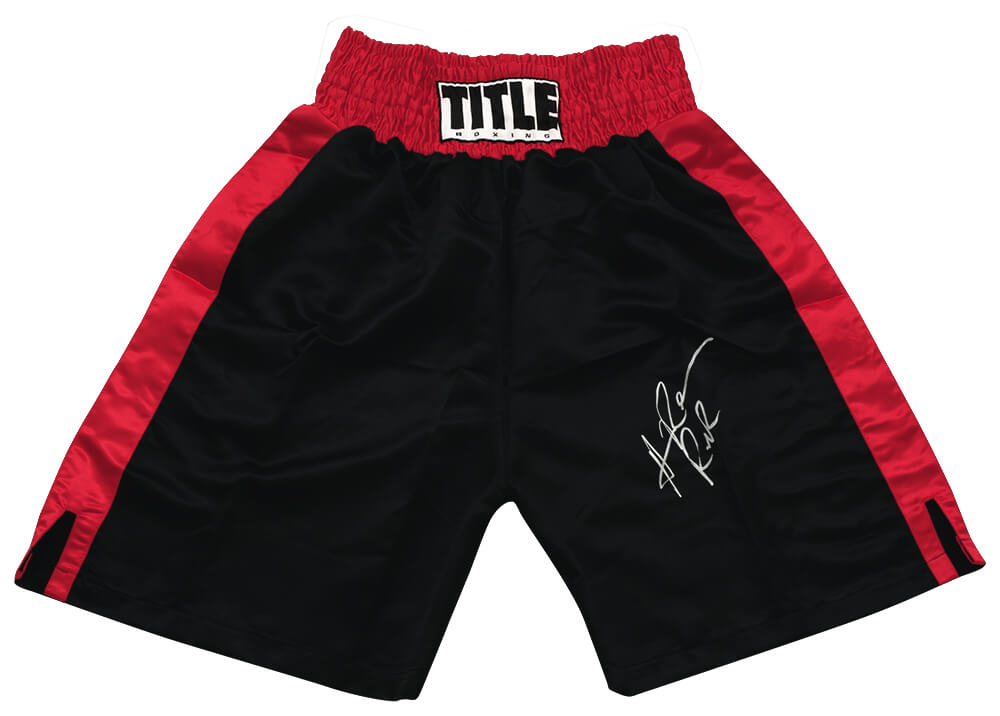 Hasim Rahman Signed Title Black & Red Boxing Trunks w/Rock