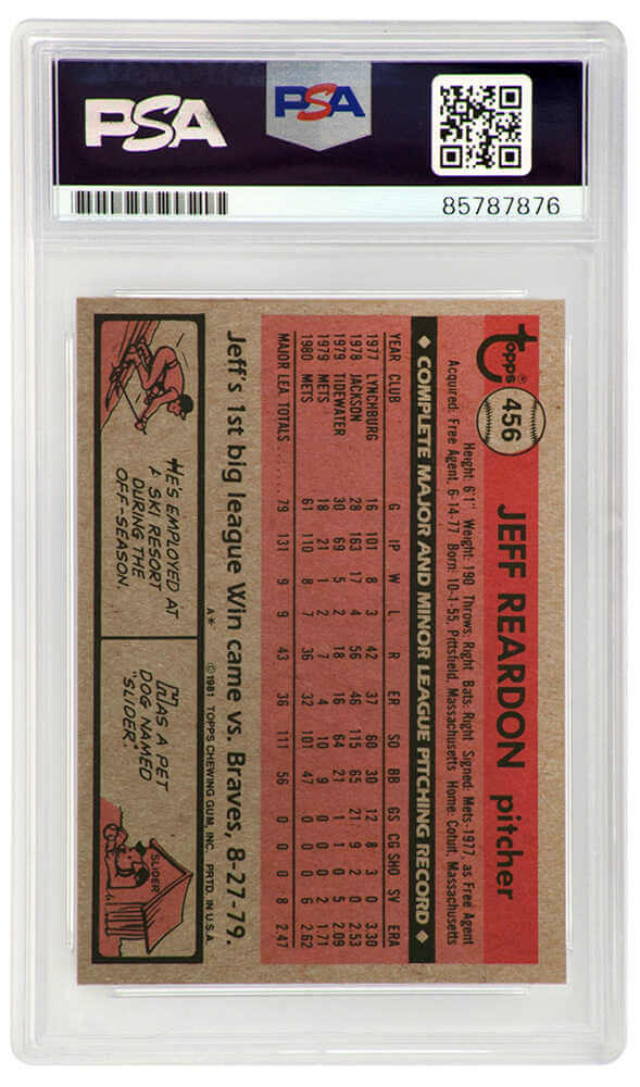 Jeff Reardon Signed New York Mets 1981 Topps Rookie Baseball Trading Card #456 - (PSA Encapsulated)